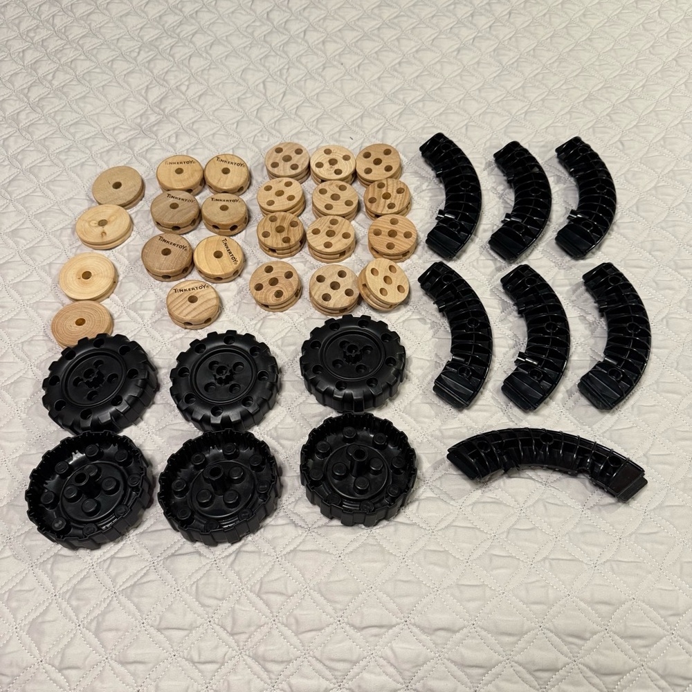 Wooden and Black Plastic Toy Wheels and Connectors - Tinkertoy